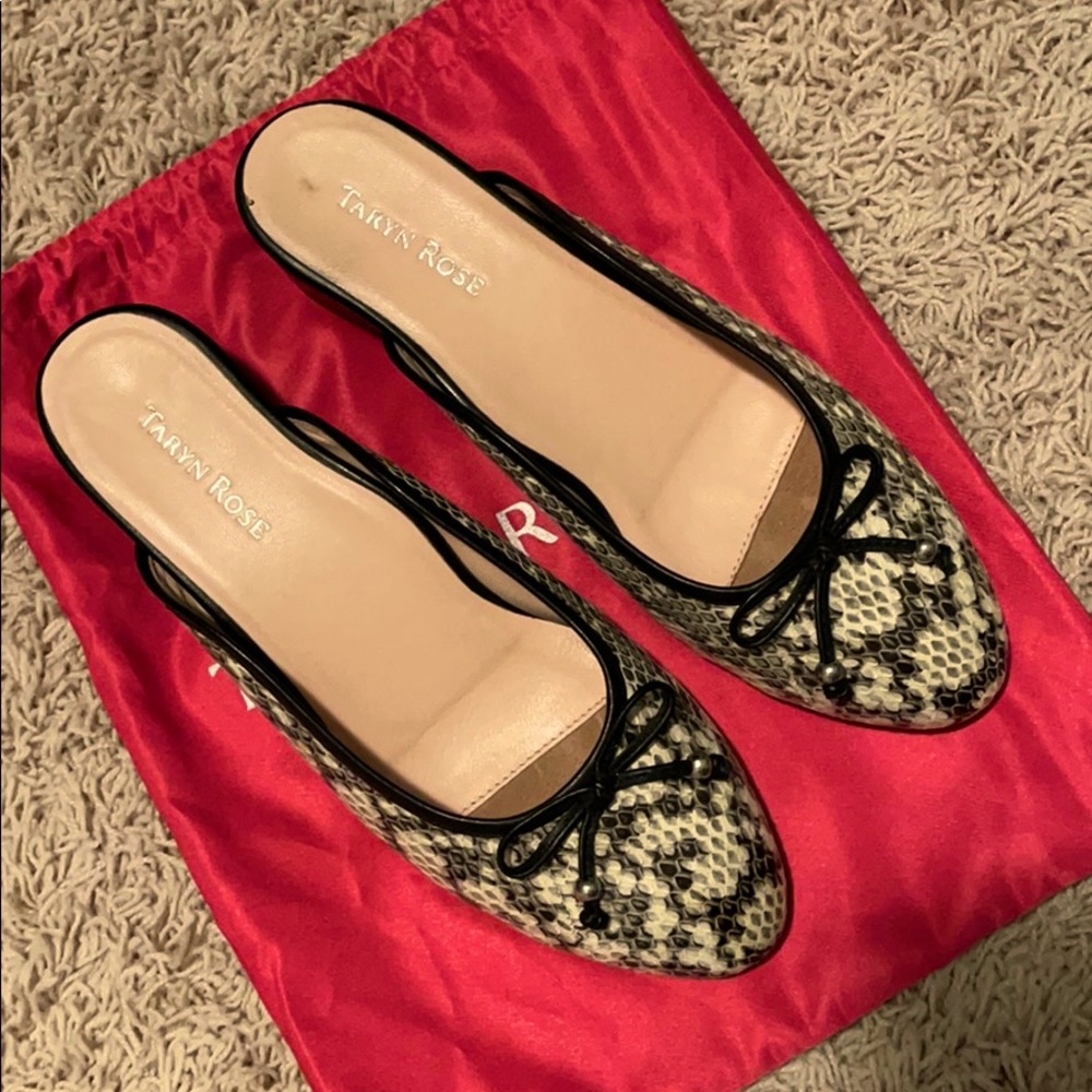 Taryn Rose snakeskin mules, size 10.